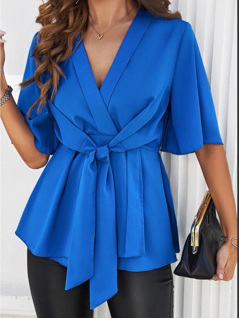 Blue Wrap Front Tie Waist Women's Top